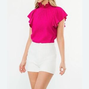 THML Fuchsia Pink Flutter Ruffle Sleeve Collar Crinkle Blouse Top Shirt Small S